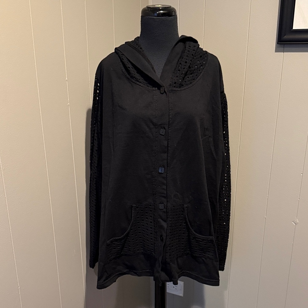 Fenini Elegant Black Women's XXL Hooded Jacket Button Down